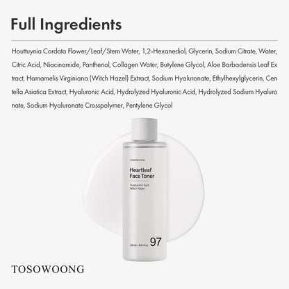 TOSOWOONG Heartleaf Face Toner – 970,200ppm Heartleaf Water, Centella, Hyaluronic Acid, Witch Hazel – Calming & Hydrating Toner for Acne-Prone Skin, 250ml (8.45 fl.oz.)