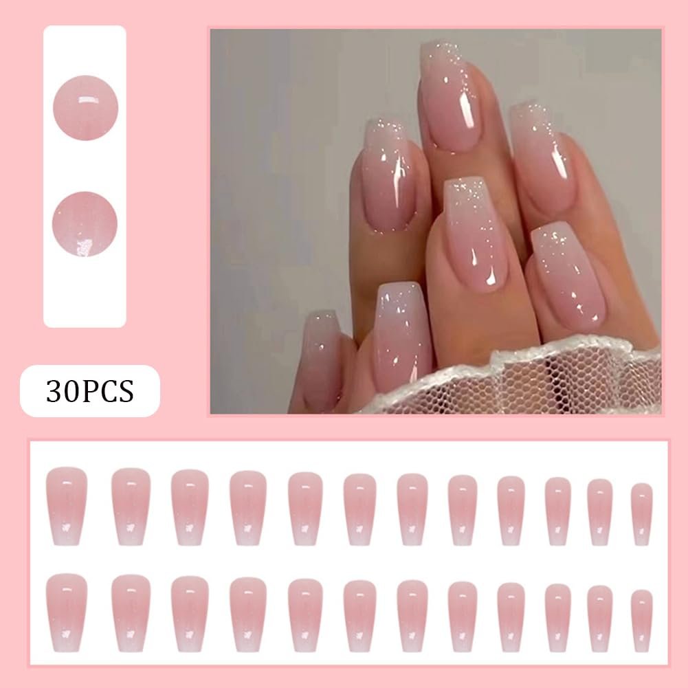 Hrnsnails Coffin Press On Nails Medium Long - Ombre & Glitter Design, 30 Pcs Acrylic False Nails for Women - görsel 3