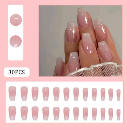 Hrnsnails Coffin Press On Nails Medium Long - Ombre & Glitter Design, 30 Pcs Acrylic False Nails for Women