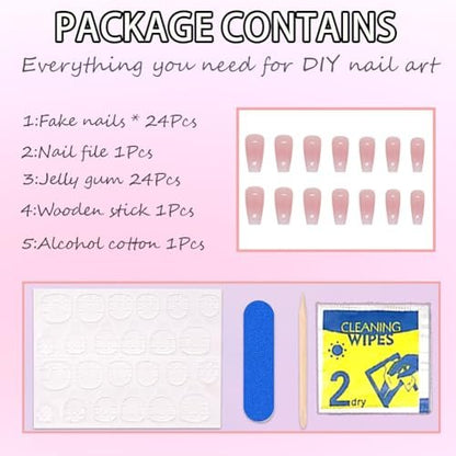 Hrnsnails Coffin Press On Nails Medium Long - Ombre & Glitter Design, 30 Pcs Acrylic False Nails for Women