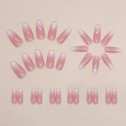 Hrnsnails Coffin Press On Nails Medium Long - Ombre & Glitter Design, 30 Pcs Acrylic False Nails for Women
