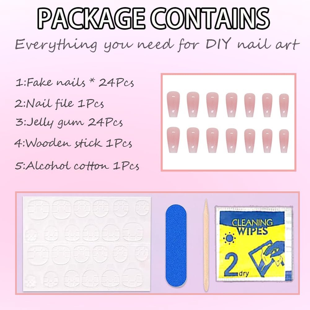 Hrnsnails Coffin Press On Nails Medium Long - Ombre & Glitter Design, 30 Pcs Acrylic False Nails for Women - görsel 9