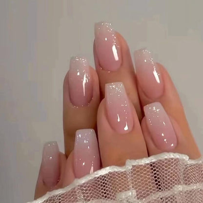 Hrnsnails Coffin Press On Nails Medium Long - Ombre & Glitter Design, 30 Pcs Acrylic False Nails for Women