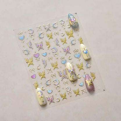5D Gold Butterfly Nail Art Stickers - Acrylic Nail Decals with Moon & Star Designs for DIY Manicure