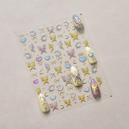 5D Gold Butterfly Nail Art Stickers - Acrylic Nail Decals with Moon & Star Designs for DIY Manicure
