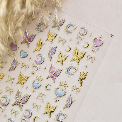 5D Gold Butterfly Nail Art Stickers - Acrylic Nail Decals with Moon & Star Designs for DIY Manicure