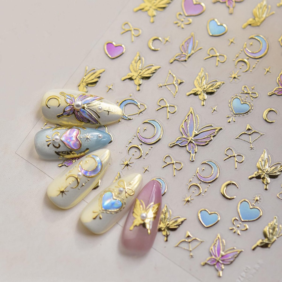 5D Gold Butterfly Nail Art Stickers - Acrylic Nail Decals with Moon & Star Designs for DIY Manicure - görsel 1