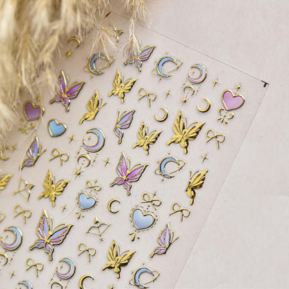 5D Gold Butterfly Nail Art Stickers - Acrylic Nail Decals with Moon & Star Designs for DIY Manicure