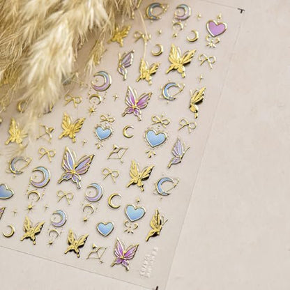 5D Gold Butterfly Nail Art Stickers - Acrylic Nail Decals with Moon & Star Designs for DIY Manicure