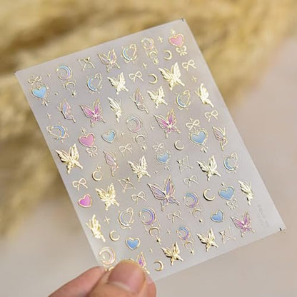 5D Gold Butterfly Nail Art Stickers - Acrylic Nail Decals with Moon & Star Designs for DIY Manicure