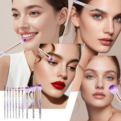 10 Pcs Crystal Glitter Makeup Brush Set – Professional Blending & Foundation Brushes for Flawless Face Makeup (Purple, 6-7 Inch)