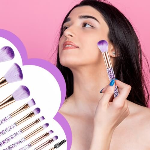 10 Pcs Crystal Glitter Makeup Brush Set – Professional Blending & Foundation Brushes for Flawless Face Makeup (Purple, 6-7 Inch) - görsel 8