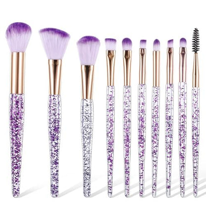 10 Pcs Crystal Glitter Makeup Brush Set – Professional Blending & Foundation Brushes for Flawless Face Makeup (Purple, 6-7 Inch)