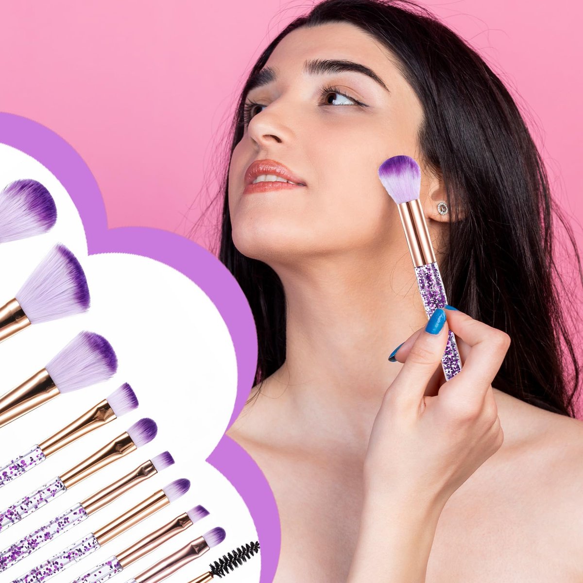 10 Pcs Crystal Glitter Makeup Brush Set – Professional Blending & Foundation Brushes for Flawless Face Makeup (Purple, 6-7 Inch) - görsel 7
