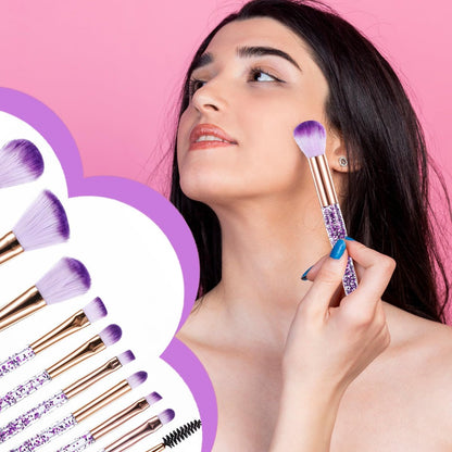10 Pcs Crystal Glitter Makeup Brush Set – Professional Blending & Foundation Brushes for Flawless Face Makeup (Purple, 6-7 Inch)