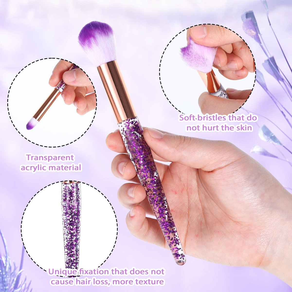 10 Pcs Crystal Glitter Makeup Brush Set – Professional Blending & Foundation Brushes for Flawless Face Makeup (Purple, 6-7 Inch) - görsel 5