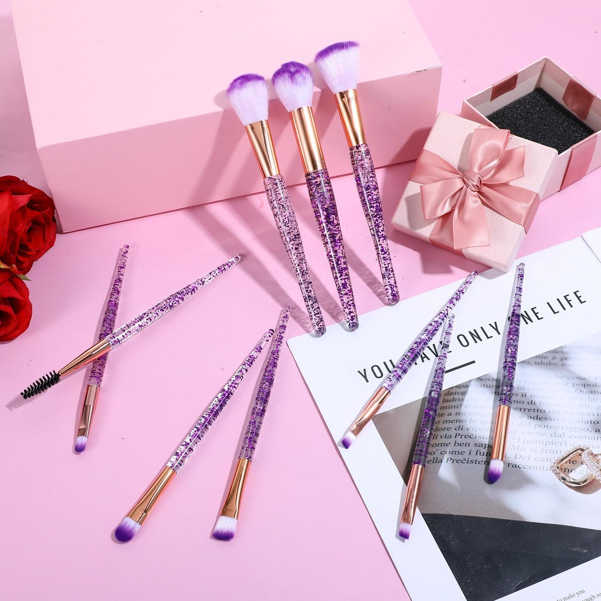 10 Pcs Crystal Glitter Makeup Brush Set – Professional Blending & Foundation Brushes for Flawless Face Makeup (Purple, 6-7 Inch) - görsel 13