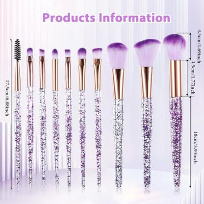 10 Pcs Crystal Glitter Makeup Brush Set – Professional Blending & Foundation Brushes for Flawless Face Makeup (Purple, 6-7 Inch)