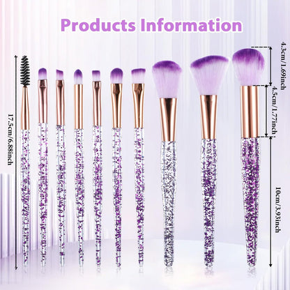 10 Pcs Crystal Glitter Makeup Brush Set – Professional Blending & Foundation Brushes for Flawless Face Makeup (Purple, 6-7 Inch)