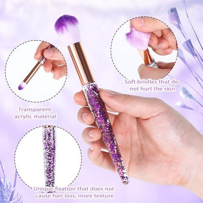 10 Pcs Crystal Glitter Makeup Brush Set – Professional Blending & Foundation Brushes for Flawless Face Makeup (Purple, 6-7 Inch)