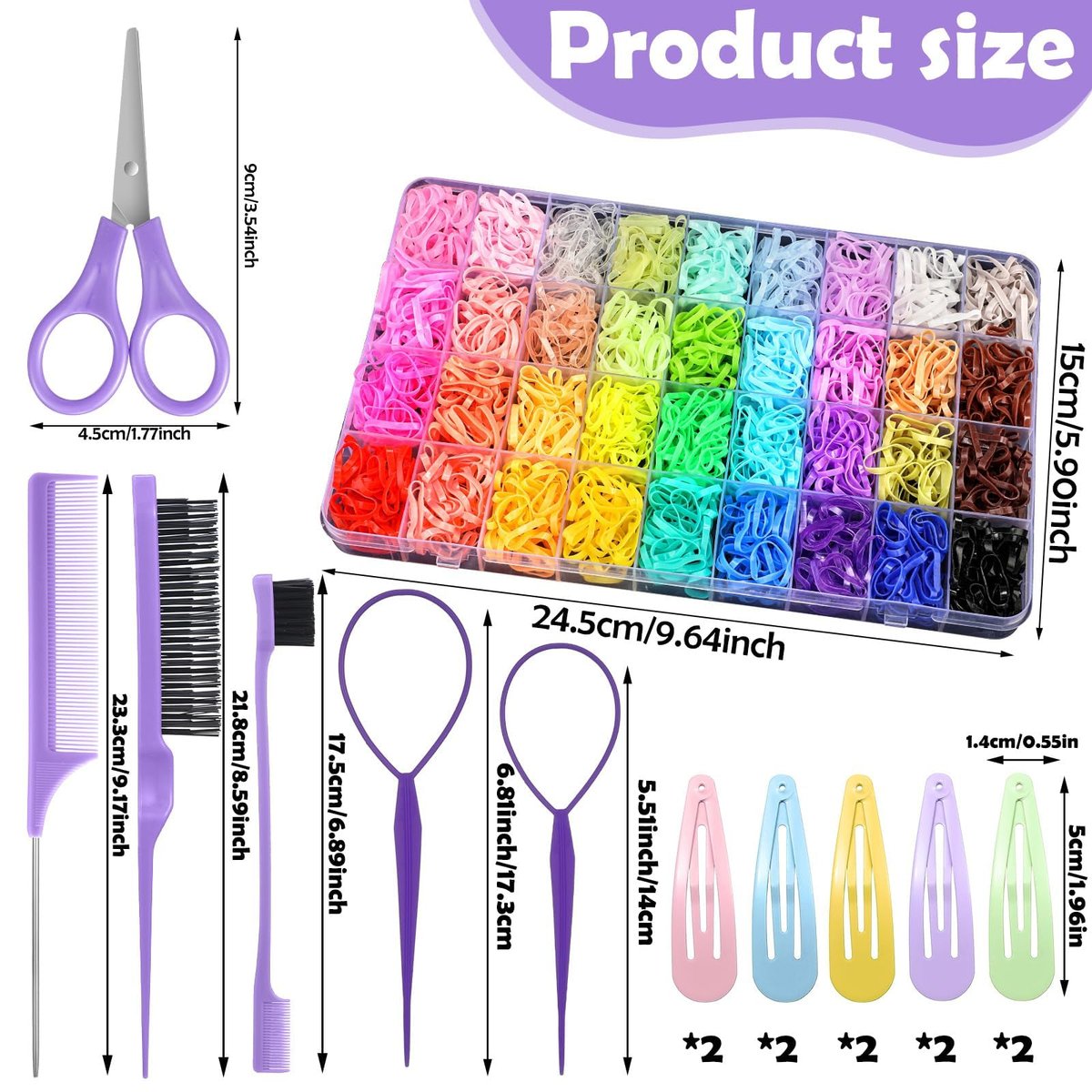 36 Colors Hair Rubber Bands for Hair, 2500 Pcs Elastic Hair Bands with 11 Hair Styling Tools, Colorful Elastic Hair Ties Toddler Hair Accessories for Girls Kids - görsel 3