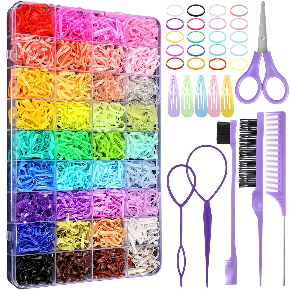 36 Colors Hair Rubber Bands for Hair, 2500 Pcs Elastic Hair Bands with 11 Hair Styling Tools, Colorful Elastic Hair Ties Toddler Hair Accessories for Girls Kids - görsel 1