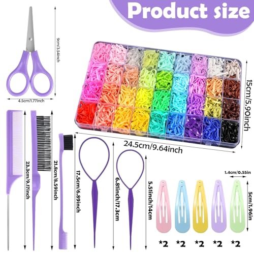 36 Colors Hair Rubber Bands for Hair, 2500 Pcs Elastic Hair Bands with 11 Hair Styling Tools, Colorful Elastic Hair Ties Toddler Hair Accessories for Girls Kids - görsel 4