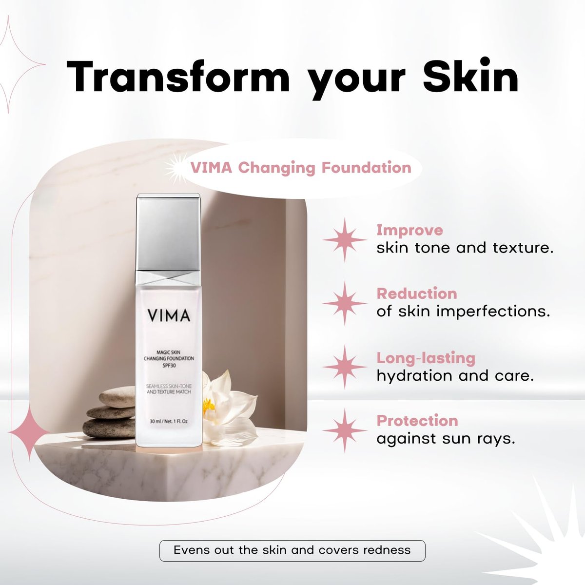 Vima Color Changing Foundation with Sunscreen – Fragrance-Free, Paraben-Free, Vegan Makeup – Lightweight, Long-Lasting Coverage – 1 fl oz Avelisse