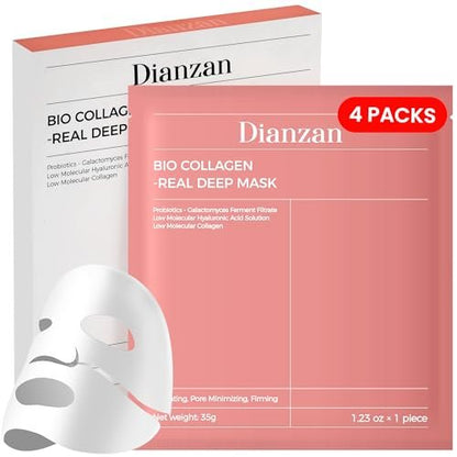 Dianzan Korean Overnight Bio-Collagen Mask – Deep Moisturizing, Firming, Glowing Glass Skin Mask for Sensitive Skin (4 Pack)