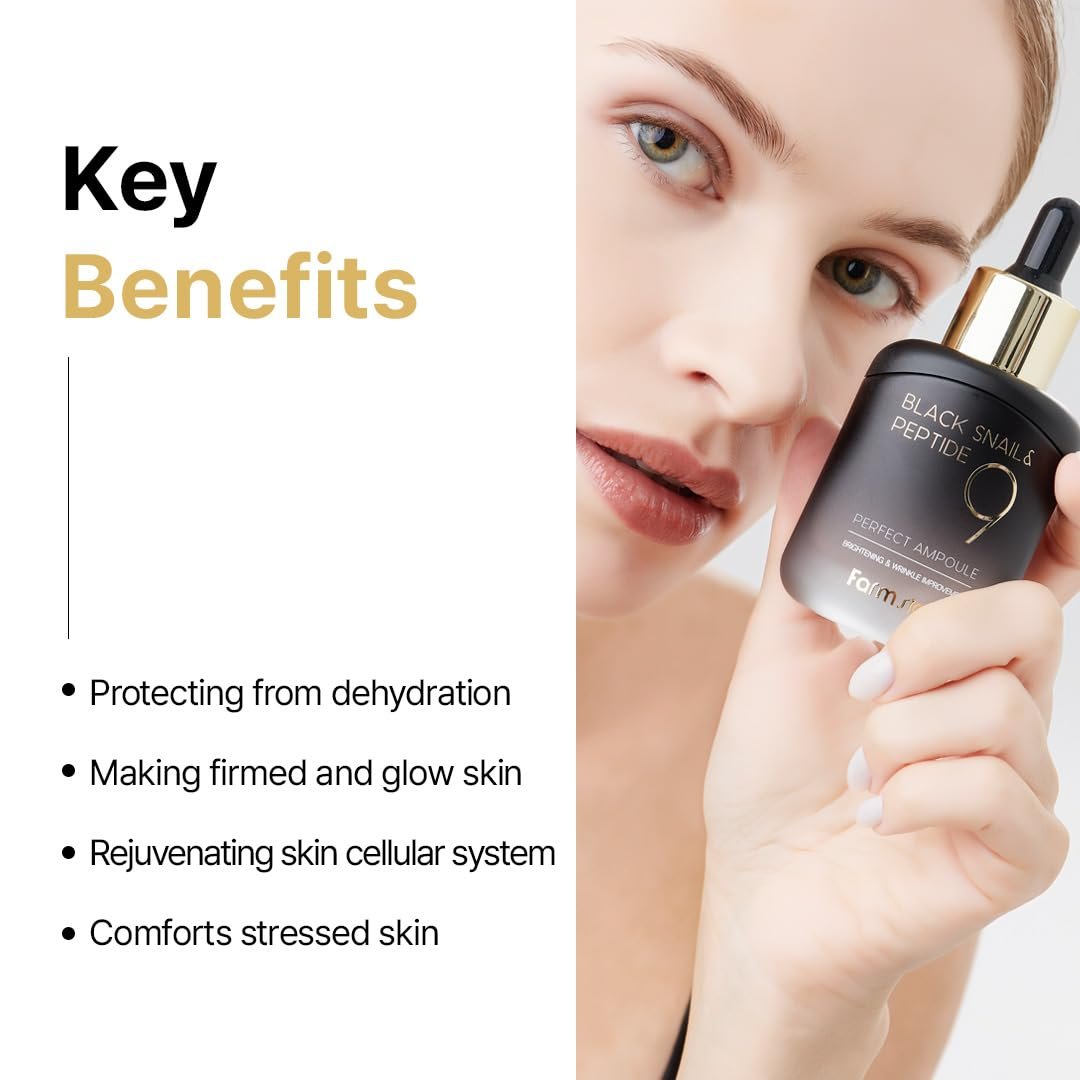 Farmstay Black Snail & Peptide9 Perfect Ampoule - Korean Snail Mucin Serum for Elasticity & Glow, 1.18 Fl Oz Avelisse