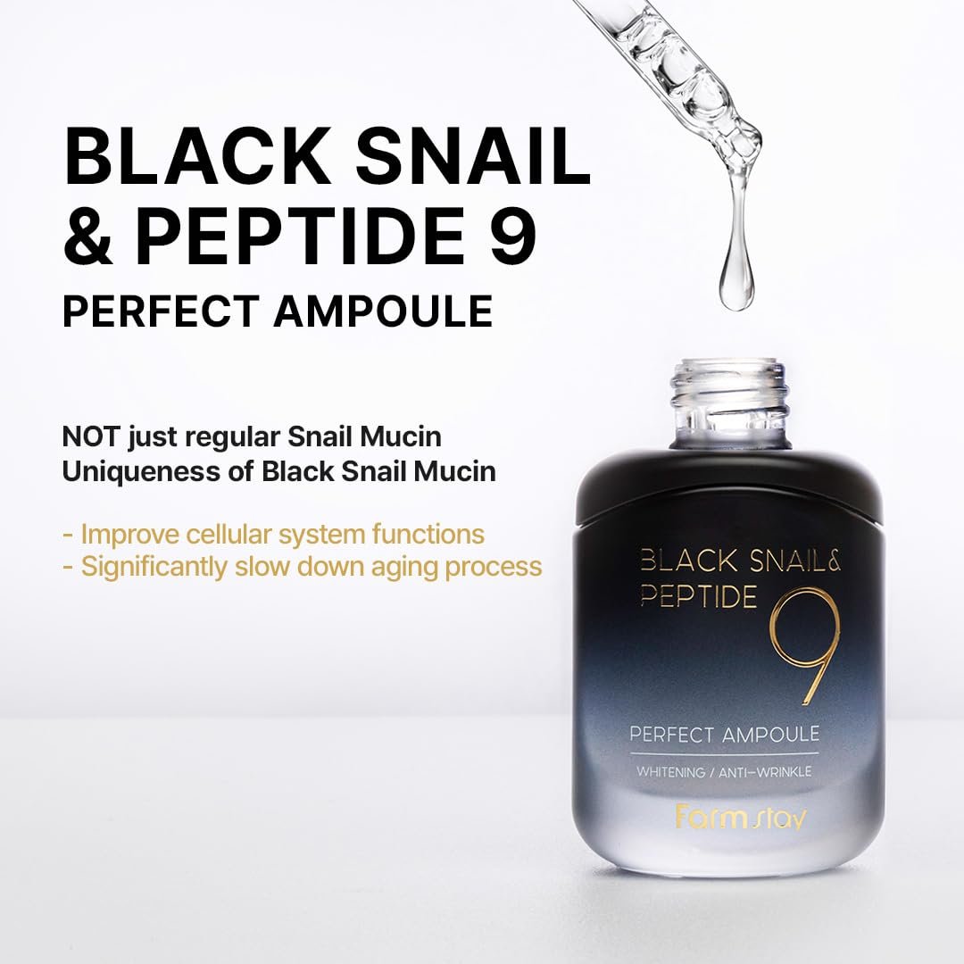 Farmstay Black Snail & Peptide9 Perfect Ampoule - Korean Snail Mucin Serum for Elasticity & Glow, 1.18 Fl Oz Avelisse