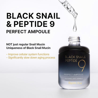 Farmstay Black Snail & Peptide9 Perfect Ampoule - Korean Snail Mucin Serum for Elasticity & Glow, 1.18 Fl Oz Avelisse