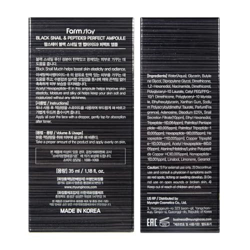 Farmstay Black Snail & Peptide9 Perfect Ampoule - Korean Snail Mucin Serum for Elasticity & Glow, 1.18 Fl Oz Avelisse