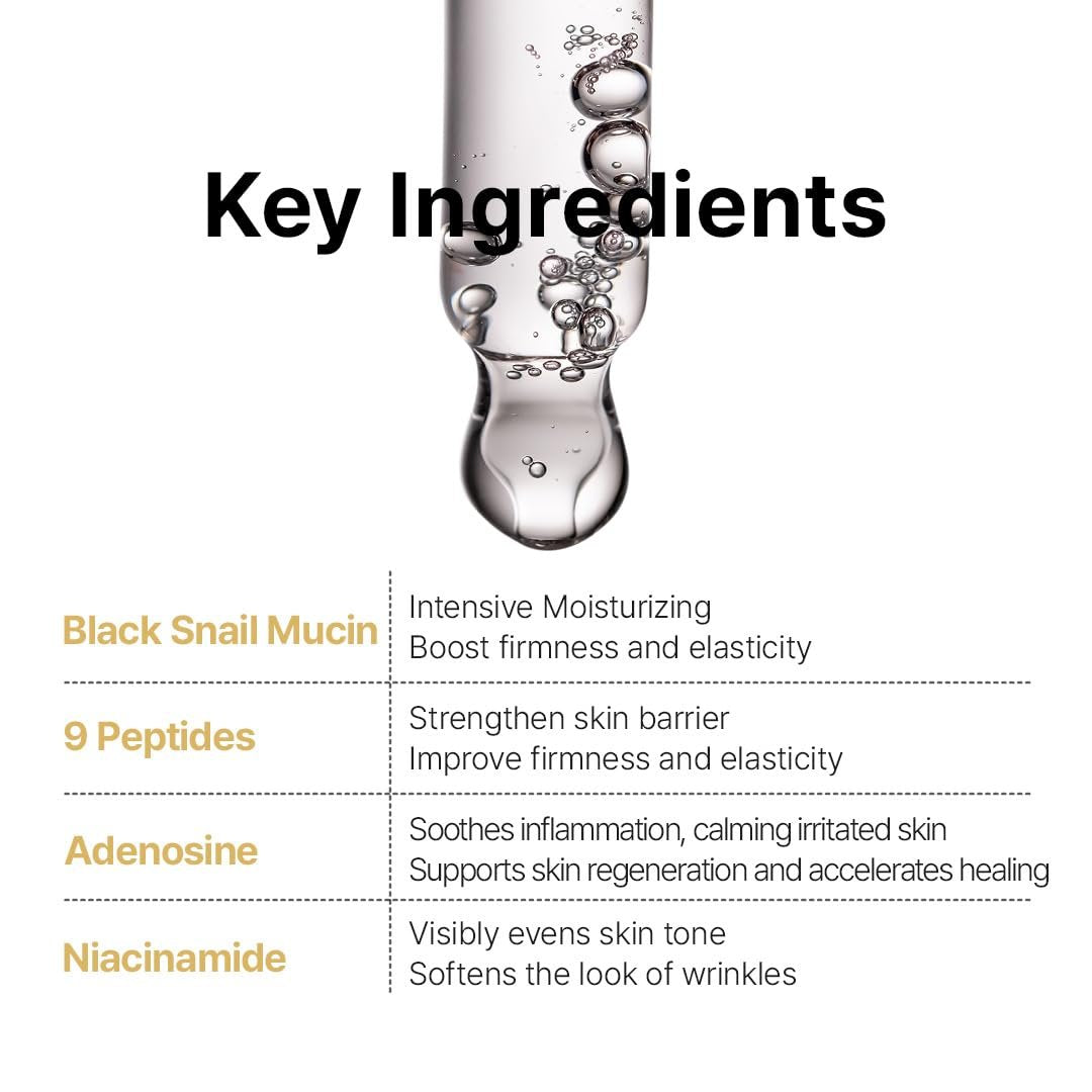 Farmstay Black Snail & Peptide9 Perfect Ampoule - Korean Snail Mucin Serum for Elasticity & Glow, 1.18 Fl Oz Avelisse