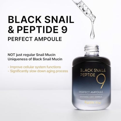 Farmstay Black Snail & Peptide9 Perfect Ampoule - Korean Snail Mucin Serum for Elasticity & Glow, 1.18 Fl Oz Avelisse