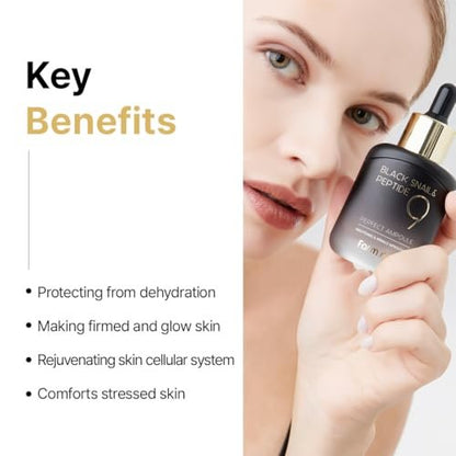 Farmstay Black Snail & Peptide9 Perfect Ampoule - Korean Snail Mucin Serum for Elasticity & Glow, 1.18 Fl Oz Avelisse