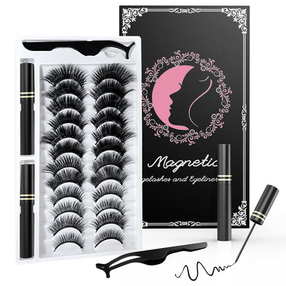 Magnetic Eyelashes Kit with Eyeliner - Natural Look Reusable 3D Faux Mink Lashes, No Glue Needed, Easy Application with Tweezers, 12 Pairs