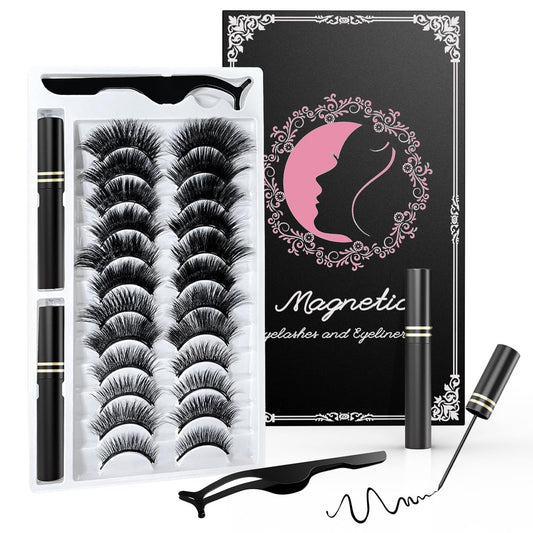 Magnetic Eyelashes Kit with Eyeliner - Natural Look Reusable 3D Faux Mink Lashes, No Glue Needed, Easy Application with Tweezers, 12 Pairs