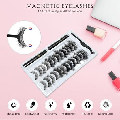Magnetic Eyelashes Kit with Eyeliner - Natural Look Reusable 3D Faux Mink Lashes, No Glue Needed, Easy Application with Tweezers, 12 Pairs