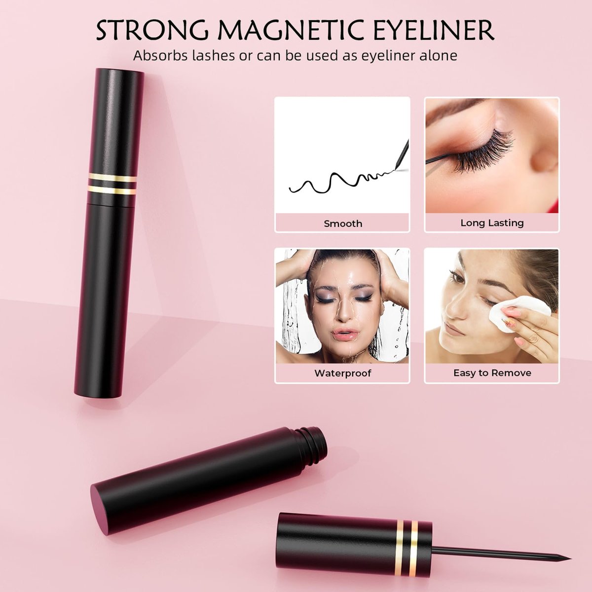 Magnetic Eyelashes Kit with Eyeliner - Natural Look Reusable 3D Faux Mink Lashes, No Glue Needed, Easy Application with Tweezers, 12 Pairs - görsel 3