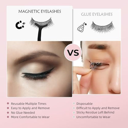 Magnetic Eyelashes Kit with Eyeliner - Natural Look Reusable 3D Faux Mink Lashes, No Glue Needed, Easy Application with Tweezers, 12 Pairs
