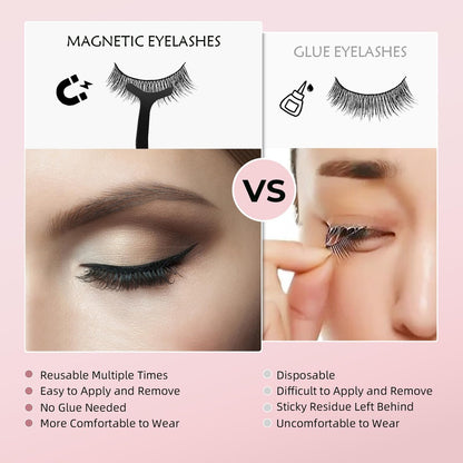 Magnetic Eyelashes Kit with Eyeliner - Natural Look Reusable 3D Faux Mink Lashes, No Glue Needed, Easy Application with Tweezers, 12 Pairs