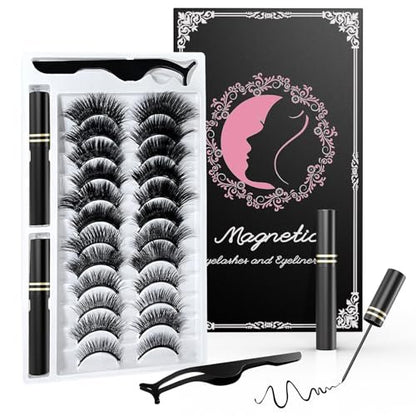 Magnetic Eyelashes Kit with Eyeliner - Natural Look Reusable 3D Faux Mink Lashes, No Glue Needed, Easy Application with Tweezers, 12 Pairs
