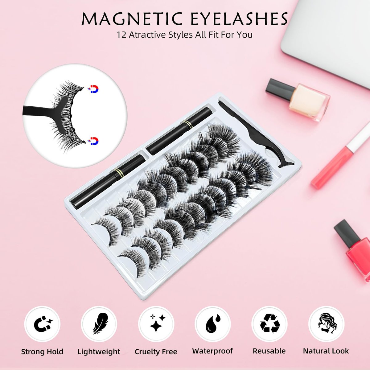 Magnetic Eyelashes Kit with Eyeliner - Natural Look Reusable 3D Faux Mink Lashes, No Glue Needed, Easy Application with Tweezers, 12 Pairs - görsel 9
