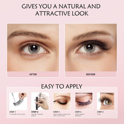 Magnetic Eyelashes Kit with Eyeliner - Natural Look Reusable 3D Faux Mink Lashes, No Glue Needed, Easy Application with Tweezers, 12 Pairs