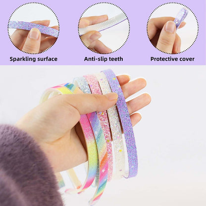 TKYPZY 6 Pack Glitter Headbands - Thin Sparkly Hairbands for Women, Non-Slip Plastic Head Bands, Colorful Rainbow Hair Accessories