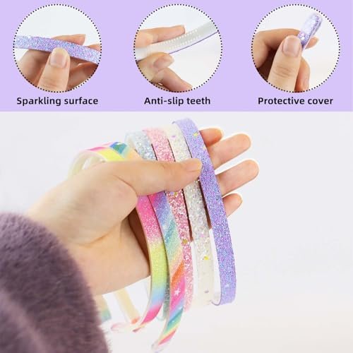 TKYPZY 6 Pack Glitter Headbands - Thin Sparkly Hairbands for Women, Non-Slip Plastic Head Bands, Colorful Rainbow Hair Accessories - görsel 10