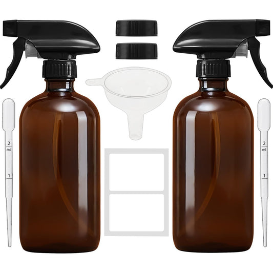 Bastelica Amber Glass Spray Bottles 16 oz – Refillable Empty Spray Bottle 2-Pack for Cleaning, Essential Oils, Plants & Hair