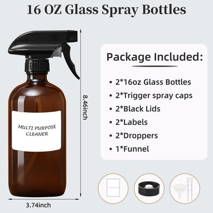 Bastelica Amber Glass Spray Bottles 16 oz – Refillable Empty Spray Bottle 2-Pack for Cleaning, Essential Oils, Plants & Hair