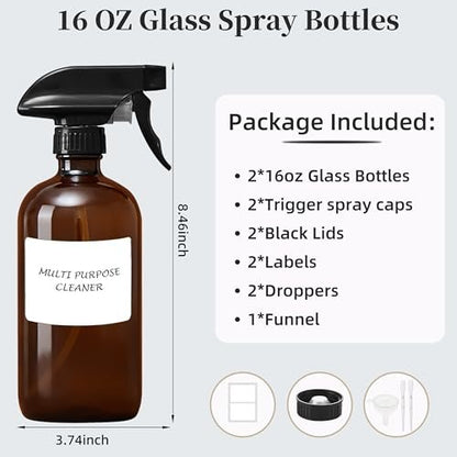 Bastelica Amber Glass Spray Bottles 16 oz – Refillable Empty Spray Bottle 2-Pack for Cleaning, Essential Oils, Plants & Hair